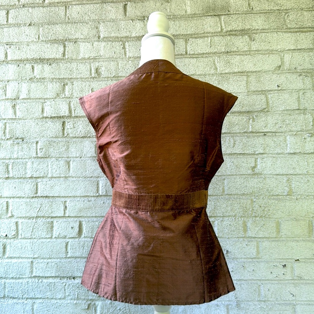 Elegant Brown Silk Sleeveless Wrap Top - Picture 3 of 6